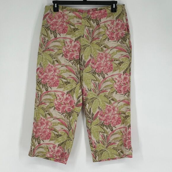 J. Jill Pants - J. JILL Pants Womens Large Petite Green Pink Linen Floral Wide Leg Cropped Coast